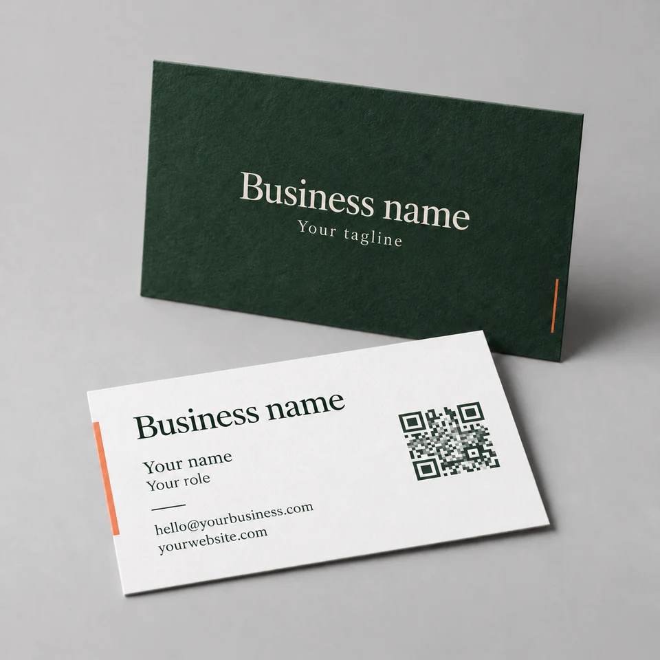 Green and white business card mockup with generic Business name text and a QR illustration