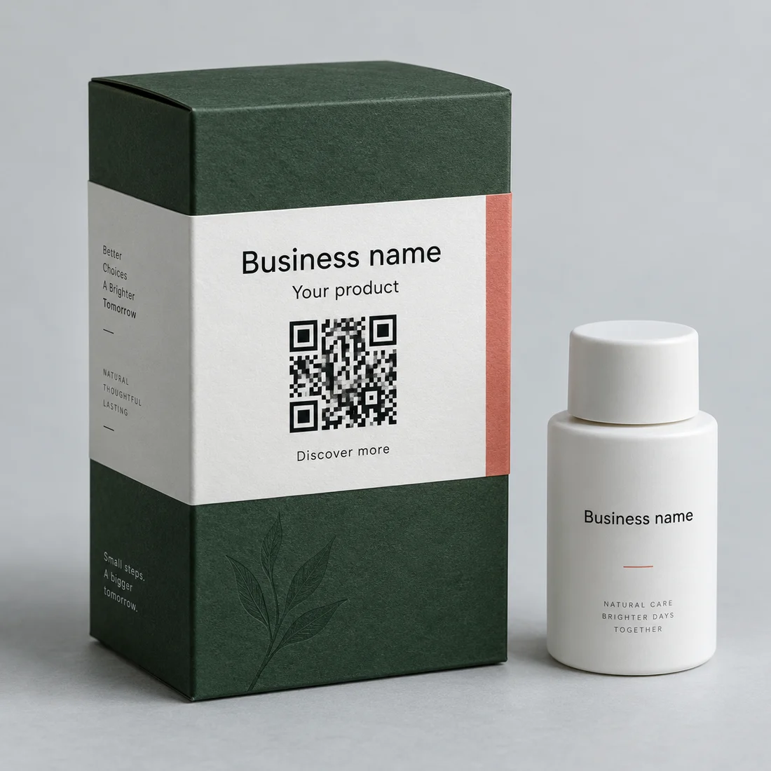 Forest-green product packaging and white bottle with Business name placeholder labels and a QR illustration